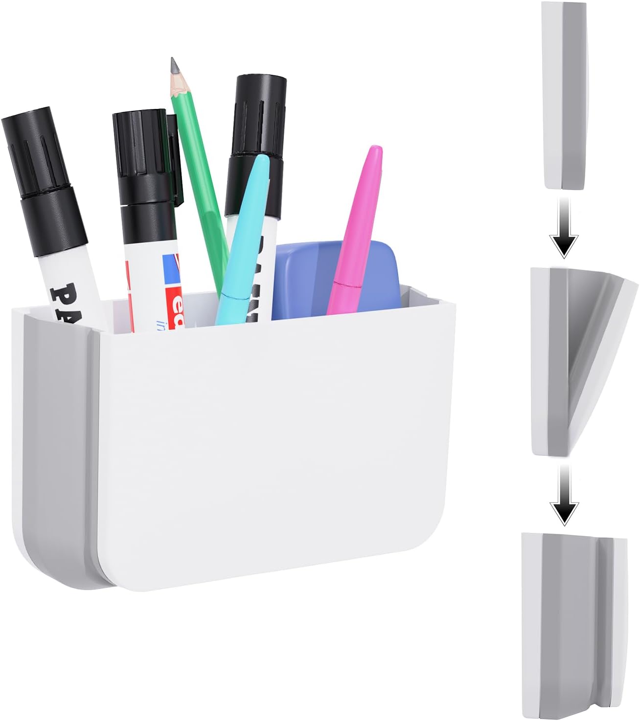 Magnetic Foldable Pen Holder, Magnetic Dry Erase Marker Pencil Holder, Strong Magnet Remote Holder Storage Organizer for Office, Whiteboard, Locker, Home Refrigerator, Desk Accessories(1 Pack White)