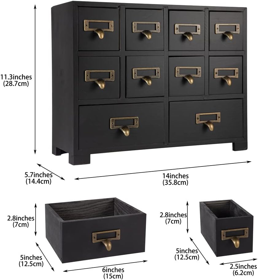 Apothecary Cabinet with 10 Drawers & Labels Rustic Library Card Catalog Cabinet Desktop Wooden Storage Box for Organize Herbal、Tea Bag、Jewelry (Black)