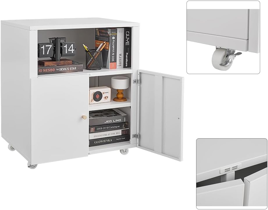 Metal Printer Stand with Storage, Large Black Printer Cabinet with Wheels and Adjustable Shelf for Home Office, Heavy Duty Printer Table