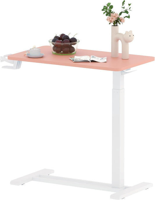 SANODESK Mobile Standing Desk with Hidden Wheels,Pneumatic Laptop Desk Rolling Computer Cart Movable Height Adjustable Small Sit Stand Desk for Home Office(31.5" W x 17.7" D, Pink)