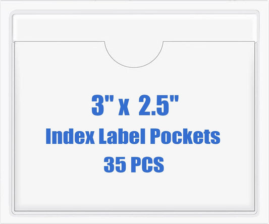 Origin-Joy 35 PCS Self Adhesive Index Card Pockets with Top Open, Clear Plastic Label Holder for Notes, Library and Business, Adhesive Label Pockets & Holder (3 x 2.5 inch)
