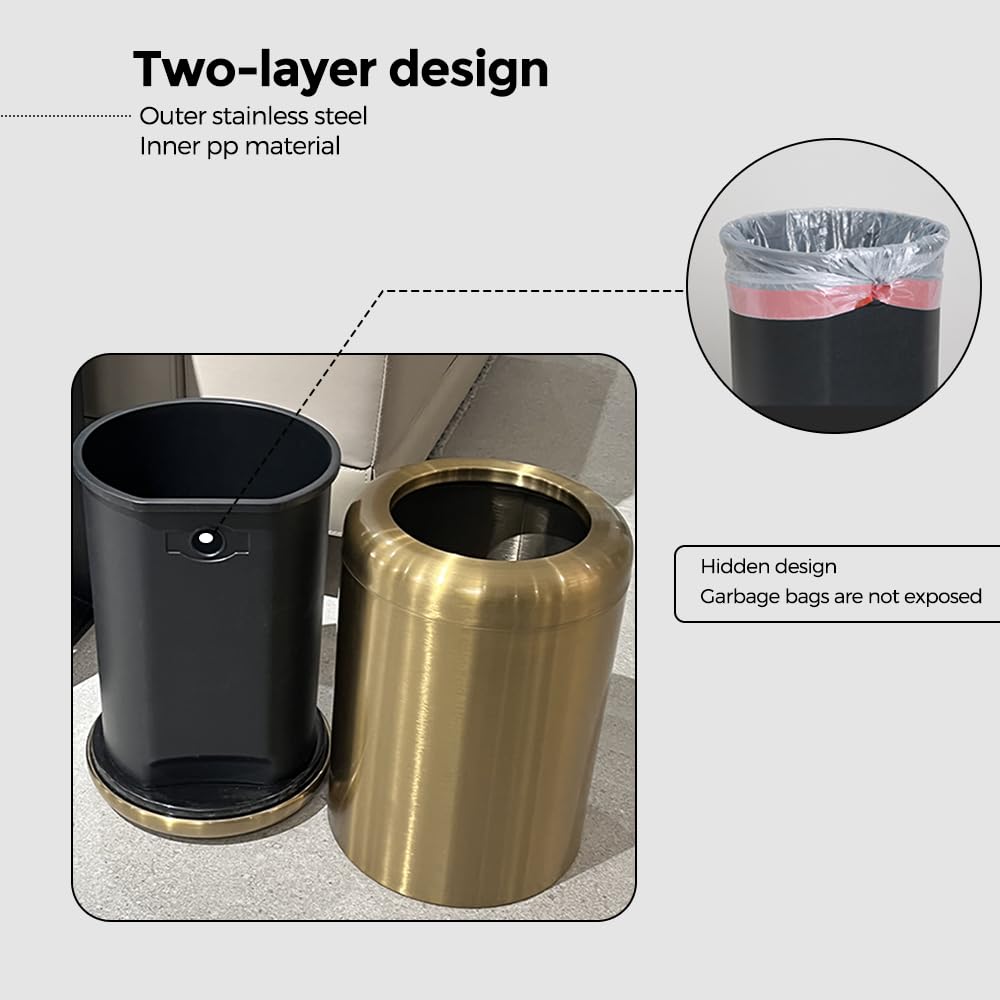 10 L/2.6 Gallon Brass Trash Can, Small Gold Can for Bathroom, Kitchen, Office, Bedroom, Hotel