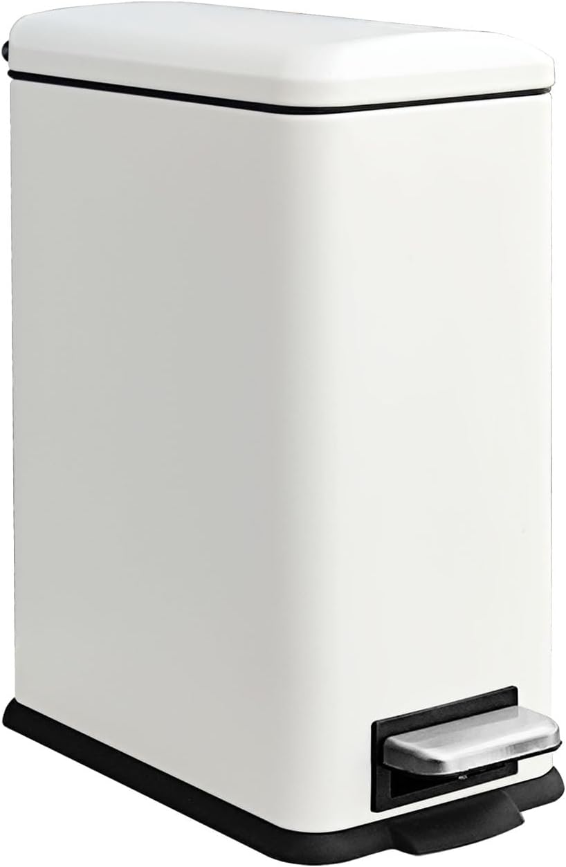 Bathroom Trash Can, 2.6 Gallon Trash Can with Lid, Stainless Steel Pedal Trash Bin with Removable Liner for Bathroom, Bedroom, Kitchen, Office,10 Liter White Garbage Can