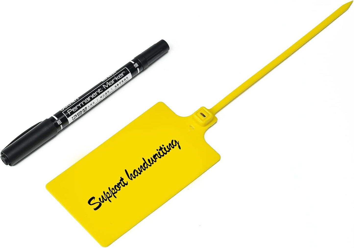 100 Yellow Plastic Writable Shipping Tags - Large, Waterproof, Hanging Labels with One Permanent Marker Pen