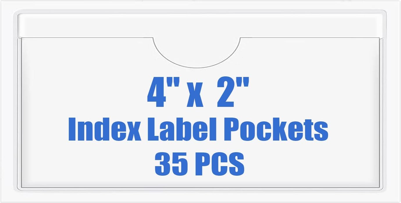 Origin-Joy 35 PCS Self Adhesive Index Card Pockets with Top Open, Clear Plastic Label Holder for Cards of Note, Library and Business, Adhesive Label Pockets & Card Holder (4 x 2 inch)