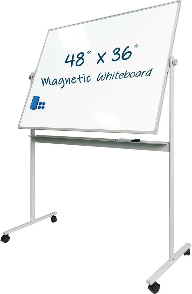 Rolling Whiteboard Magnetic Writeboard 48"x36" Flip Chart with 4 Wheels 2-in-1 Easel-Style Dry Erase Boards 2-in-1 Message Bulletin Board (White)