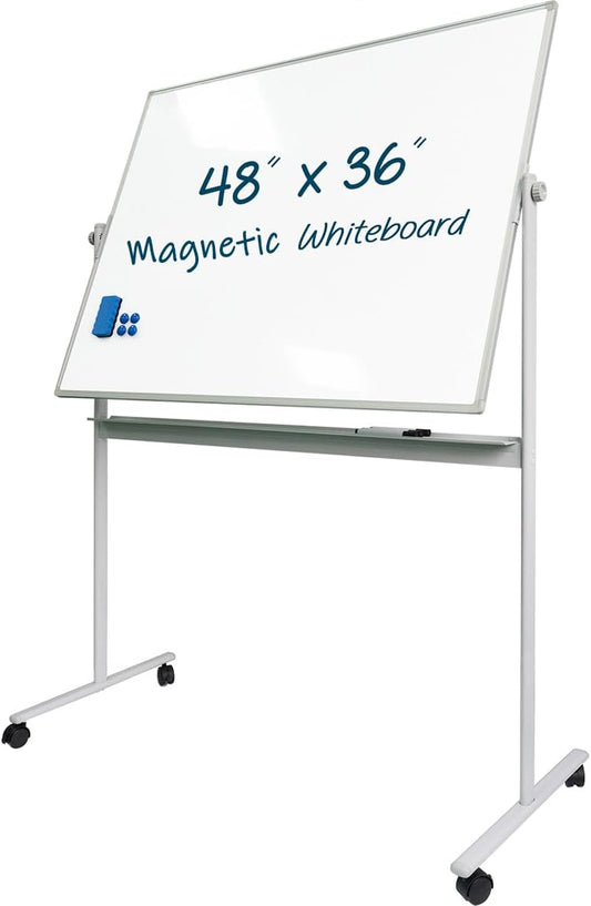 Rolling Whiteboard Magnetic Writeboard 48"x36" Flip Chart with 4 Wheels 2-in-1 Easel-Style Dry Erase Boards 2-in-1 Message Bulletin Board (White)