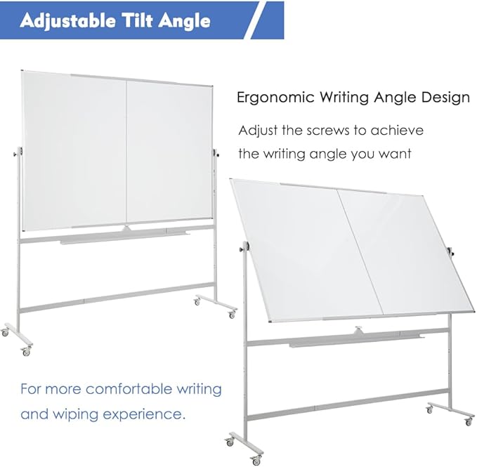 FORTUNO Large Magnetic Mobile Whiteboard 96"x48", Rolling Double Sided Stand Whiteboard on Wheels, Reversible Adjustable Height/Angle Dry Erase Board 8' x 4' Easel White Board for Office Classroom