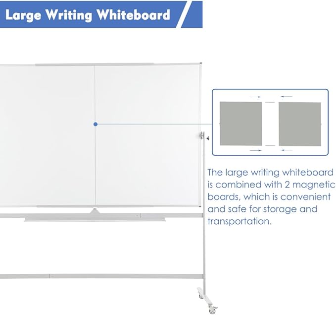 FORTUNO Large Magnetic Mobile Whiteboard 72"x48", Rolling Double Sided Stand Whiteboard on Wheels, Reversible Adjustable Height/Angle Dry Erase Board 6' x 4' Easel White Board for Office Classroom