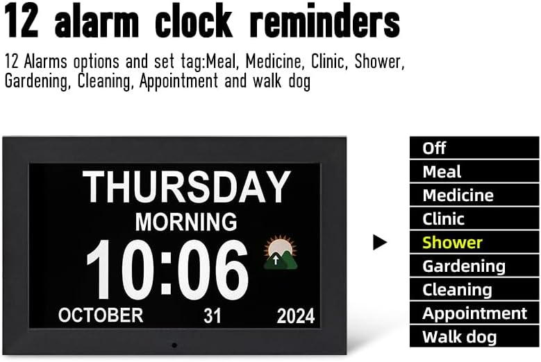 10.1 inches Large Digital Clock, Wall Clock with time, Digital Alarm Clock for Seniors,Dementia Clock That Provides Alarms and Electronic Calendar for Elderly. (Black, 10.1 inches)