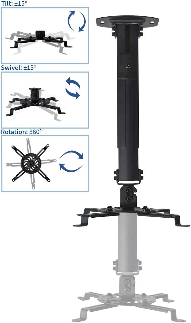 VIVO Extending Ceiling Projector Mount, Height Adjustable Projection, Up to 12.5 inch Mounting Range with 1.5 inch Mini Projector Range, Black, MOUNT-VP02B