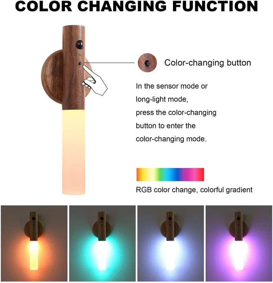 LANDGOO Motion Sensor Night Light RGB & Touch Control | USB-C Rechargeable Wooden Wall Sconce | Bathroom/Bedroom Light for Hallway, Stairs, Closet, Kids Room, Vanity, (Walnut Wood)