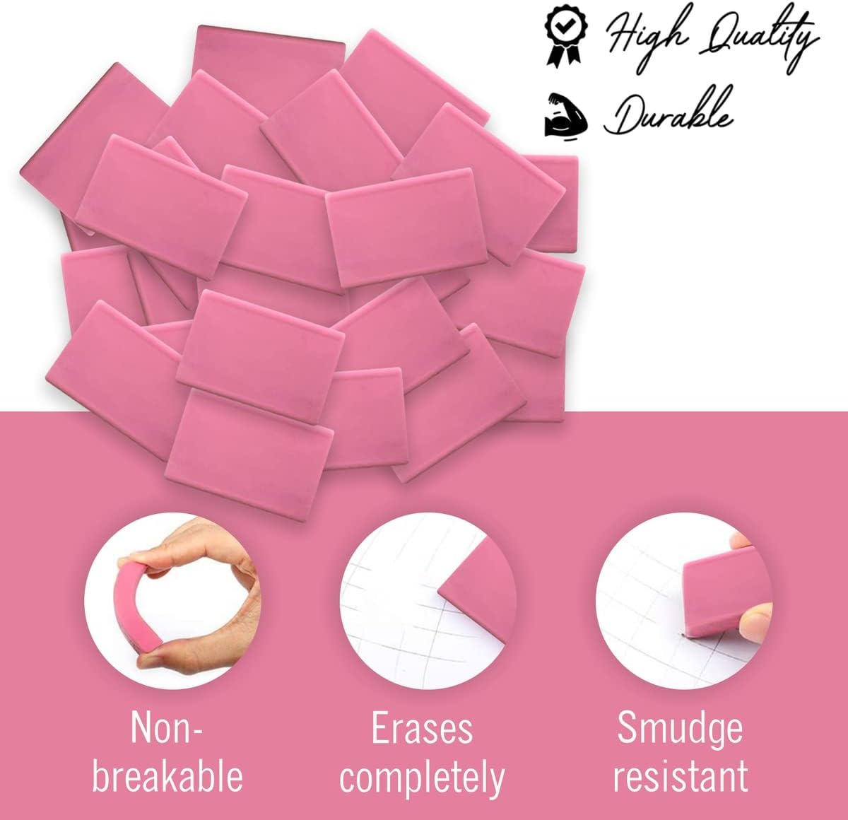 Pink Erasers, 80 Count, Latex Free Eraser for Kids, Square Eraser, Erasers Bulk for School Supplies, Art, and Office Use