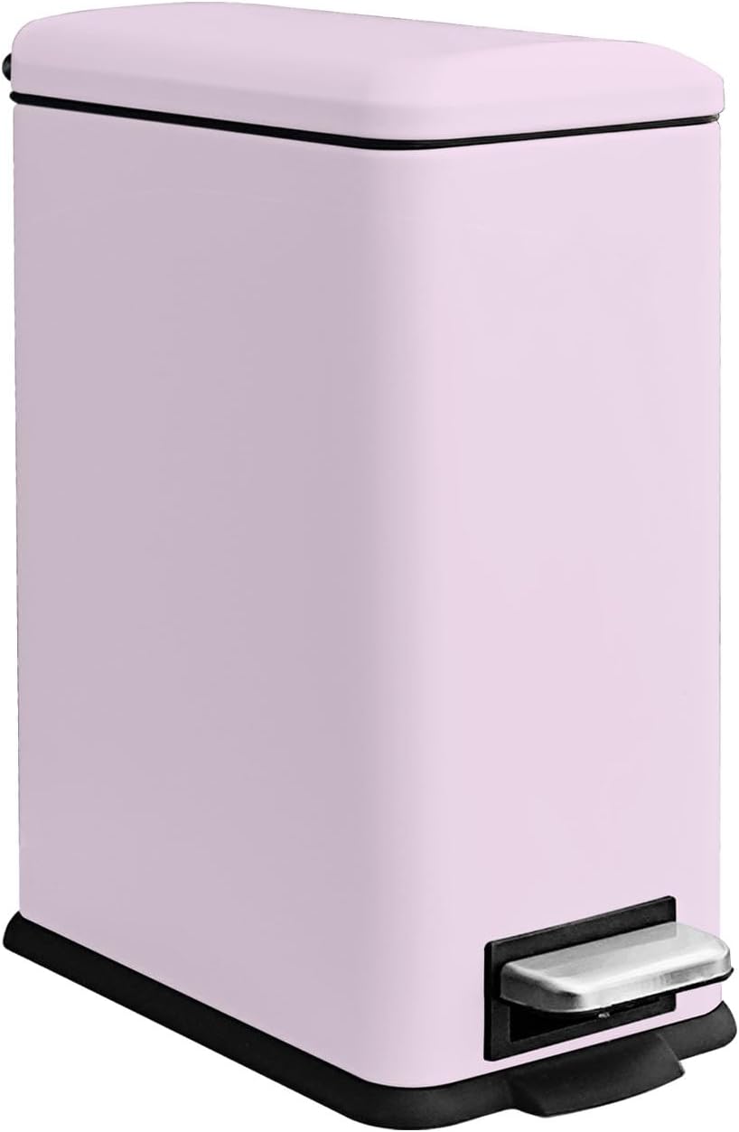 Bathroom Trash Can with Lid, 2.6 Gallon Stainless Steel Slim Garbage Can, Pedal Trash Bin with Removable Liner Bucket, 10L Rectangle Trash Bin for Bedroom, Kitchen, Office (Pink)
