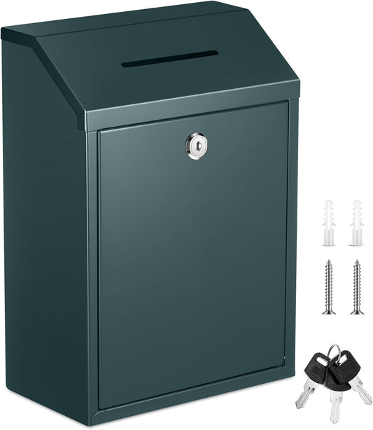 Metal Donation Cash Box Collection Safe Suggestion Box with Lock Wall Mounted Mailbox Delivery Ballot Container for Home Office Outdoor Door(Green,11.8 x 8.6 x 4.7 Inch)