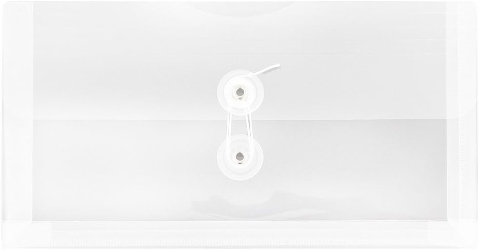 JAM PAPER Plastic Envelopes with Button & String Tie Closure - #10 Business Booklet - 5 1/4 x 10 - Clear - 12/Pack