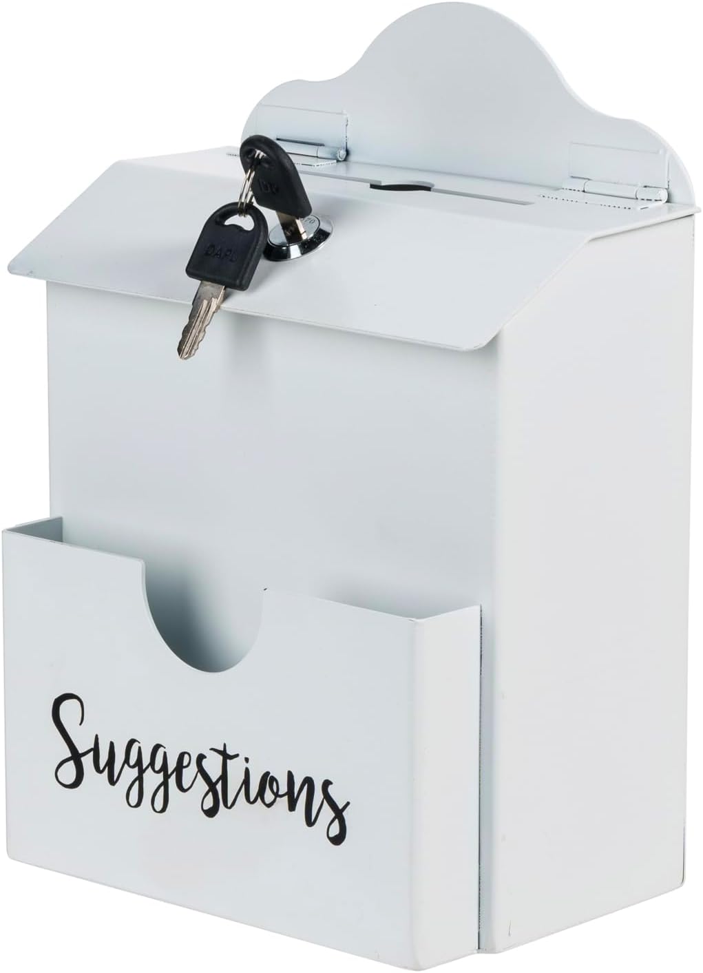 MyGift Classic White Metal Suggestion Box with Cursive Suggestions Lettering, Wall Mounted or Tabletop Comment Box with Lock, Keys, Paper Sheet and Pen Holder Slots