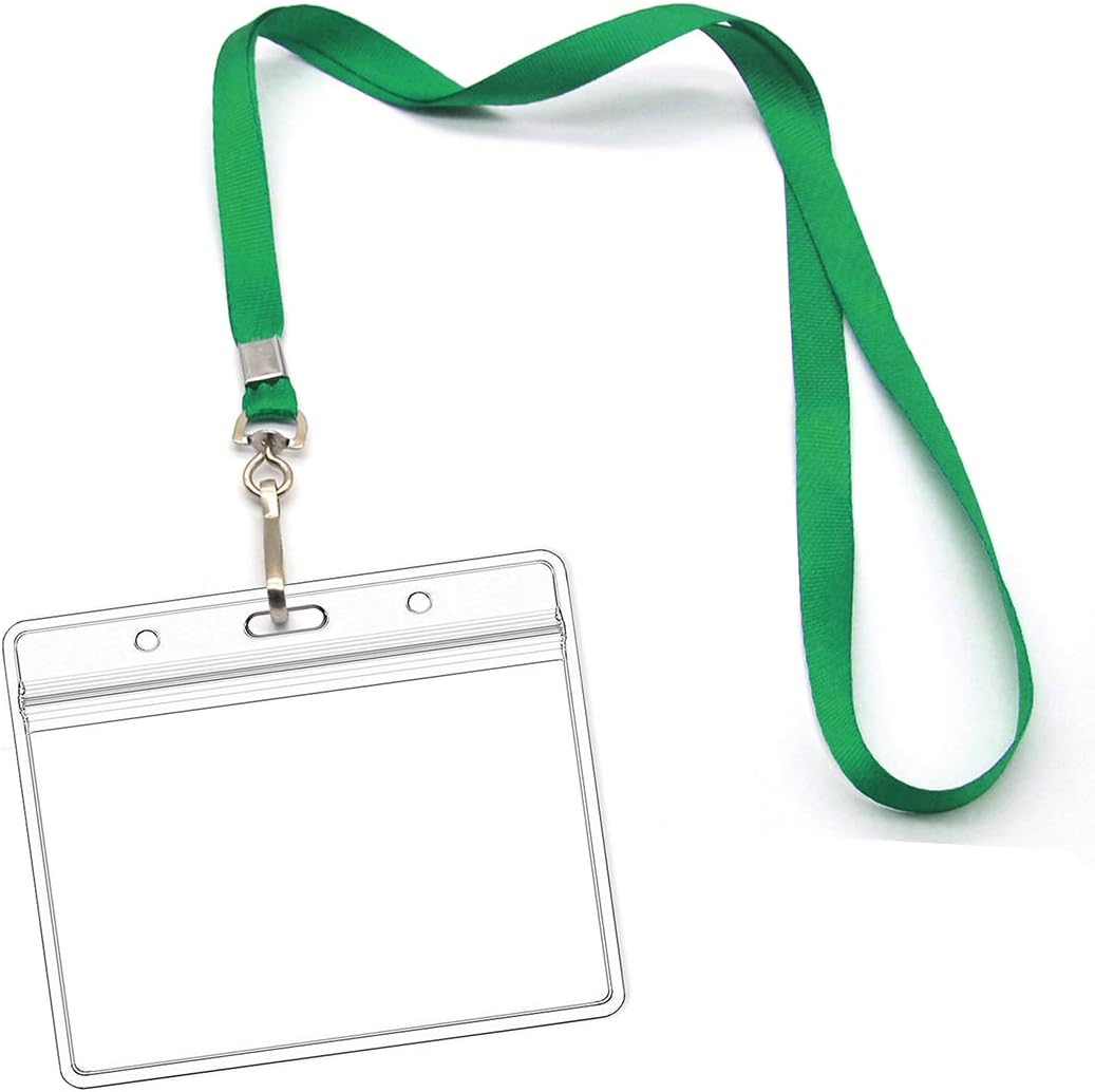 Lanyards with Id Holder Name Badges Waterproof Name tag Badge Holders with Neck Lanyard Swivel J-Hook Clip 50 Pack (Green, Horizontal)