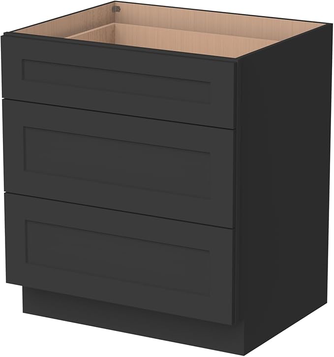 Shaker Style Charcoal Black RTA Solid Wood Base Cabinet with 3 Drawers and Soft Close Feature, 27" W x 24" D x 34.5" H, Perfect for Standalone Use or Kitchen Cabinet Combinations