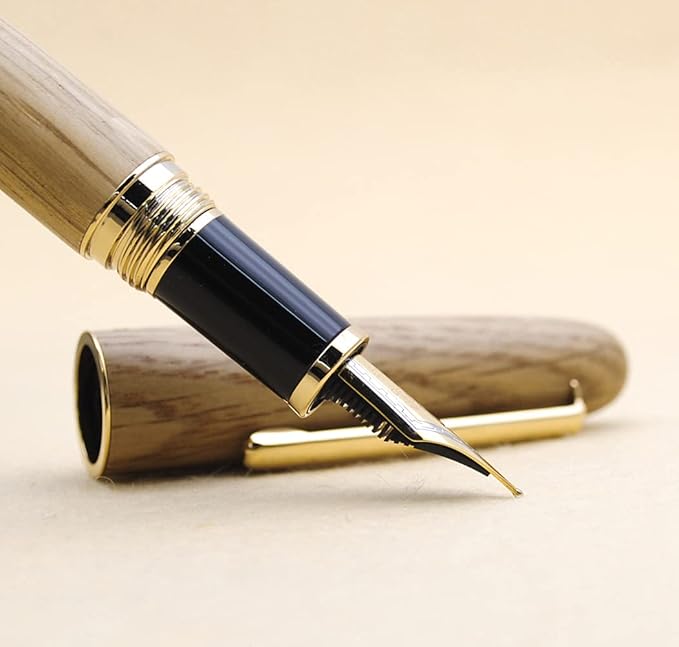 JINHAO 9036 Natural Wood Fountain Pen Handmade Ink Pen (Medium Nib 0.7mm, Oak Wood)