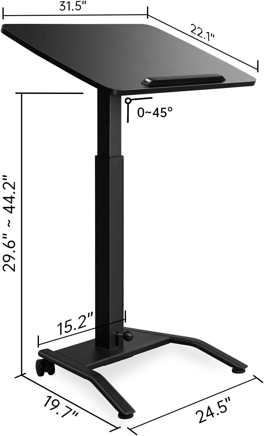 Mobile Standing Desk with 45° Tilting Desktop, Portable Rolling Standing, Height Adjustable Sit Stand Foldable with Wheels, Mobile Desk Workstation for Home Office (Black, Large)