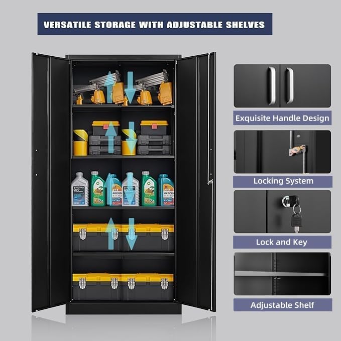 Metal Storage Cabinet with Adjustable Shelves, Garage Storage Cabinets with Doors and Shelves, File Cabinets for Home Office, Kitchen Pantry Cabinet, 71'H, Black