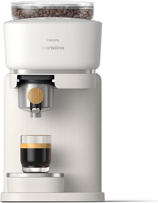 Philips Baristina Espresso Machine, Grind, Tamp & Brew Coffee Beans in One Swipe, Compact, 16 Bar Pump Pressure, Automatic Grinder, Natural White with Ash Wood Portafilter (BAR302/20)