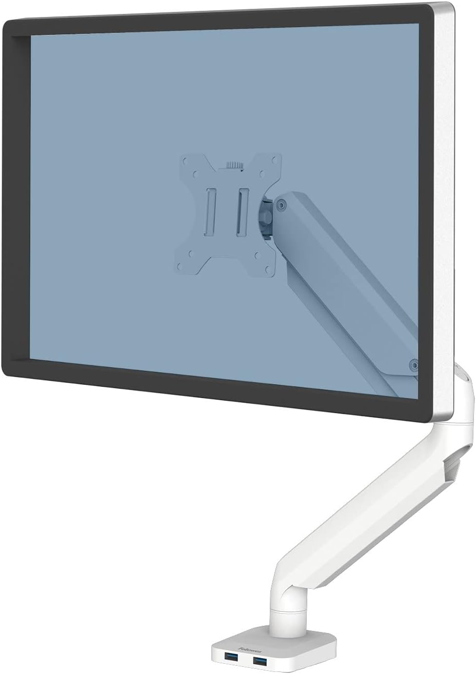 Fellowes Platinum Series Single Monitor Arm for 40-Inch Monitors, Full Motion, 360° Rotation, VESA Mount with Grommet or Clamp, USB Ports, Ergonomic, White, 8056201