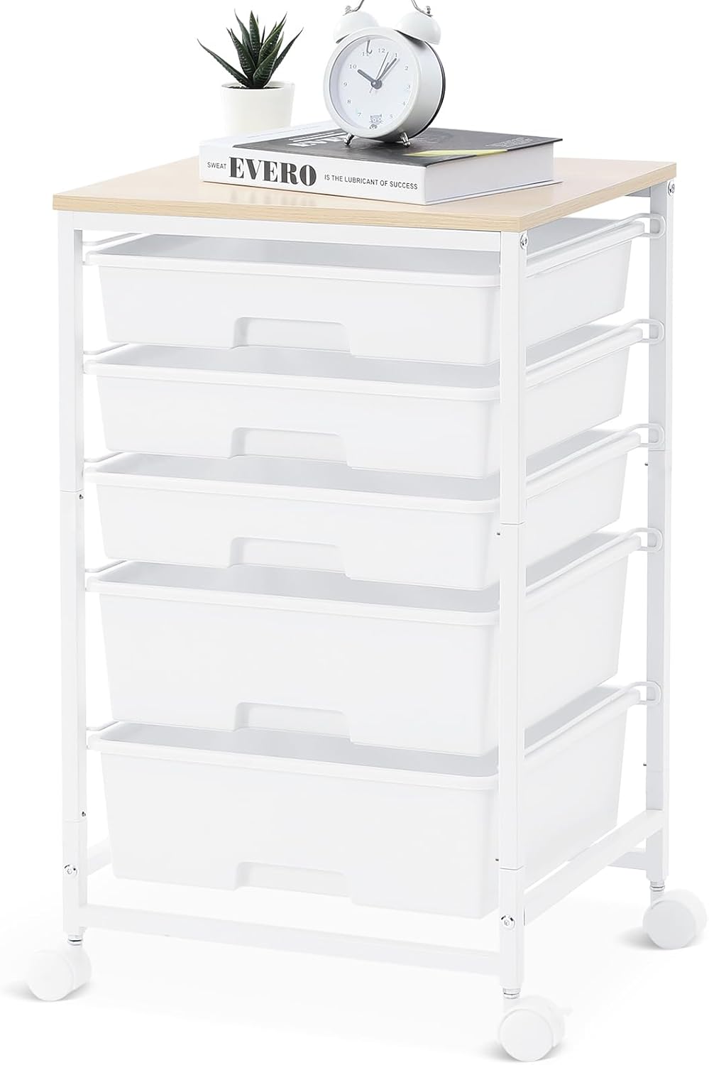 Utility Cart with 5 Drawers,Storage Drawer Cart with Wooden Tabletop and Lockable Wheels,Craft Storage Trolley Cart,5-Tier Rolling Utility Cart on Wheels,Bright White