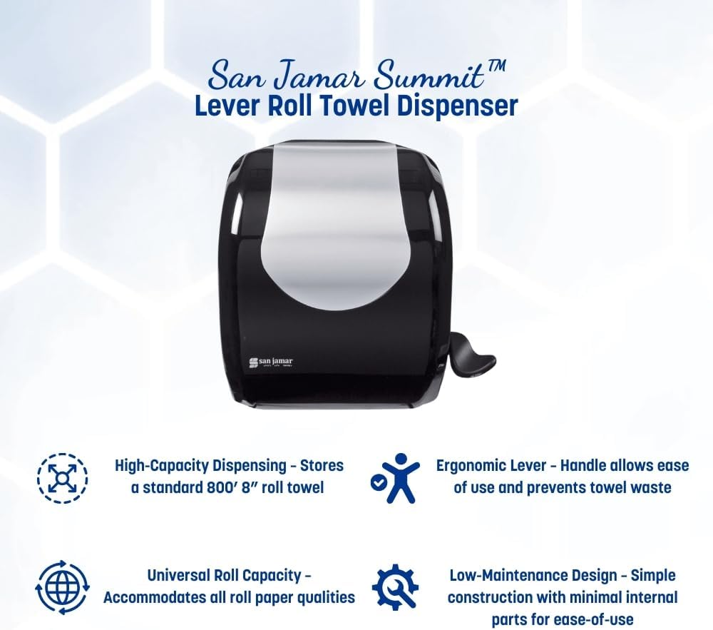 San Jamar Summit Lever Paper Towel Roll Dispenser, Wall Mounted Manual Dispensing, 1.5" Core for Bathrooms, Kitchens, and Restaurants, Plastic (ABS), Black and Stainless Steel