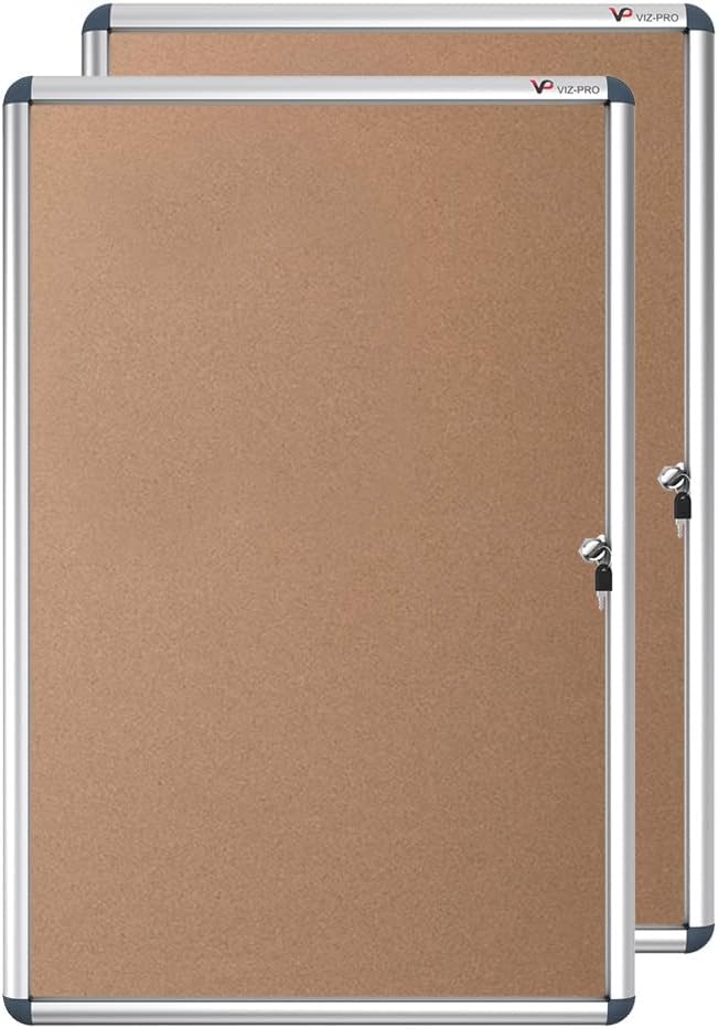 VIZ-PRO Tamperproof Lockable Cork Noticeboard Class 1 Aluminium Framed 36x24 Inches, Pack of 2