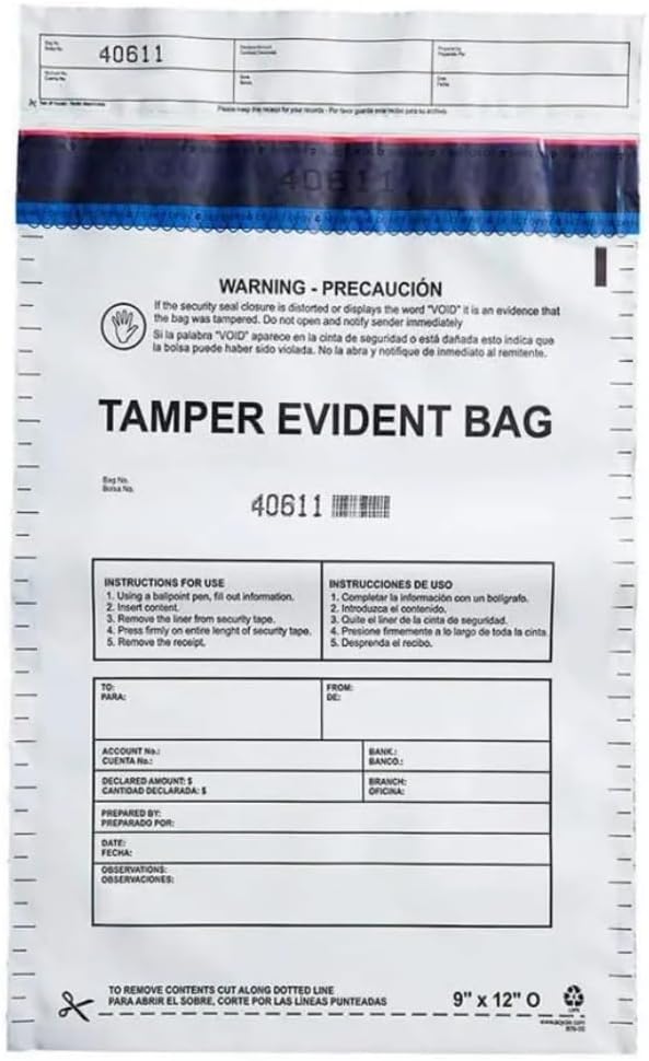 9”x12" Opaque Plastic Deposit Bags with Security Tape Tamper Evident - Secure Bank Deposits, Cash Handling, & Currency Transport | Self-Sealing Tape with Hidden Graphics | 100-Pack