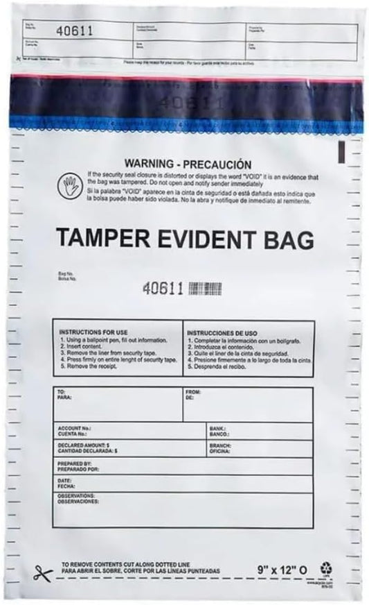 9”x12" Opaque Plastic Deposit Bags with Security Tape Tamper Evident - Secure Bank Deposits, Cash Handling, & Currency Transport | Self-Sealing Tape with Hidden Graphics | 100-Pack