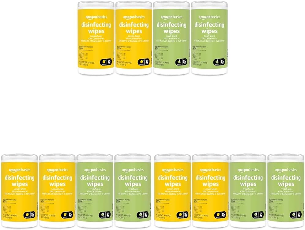 Amazon Basics Disinfecting Wipes, Lemon & Fresh Scent, Sanitizes/Cleans/Disinfects/Deodorizes, 340 Count (12 Packs of 85)