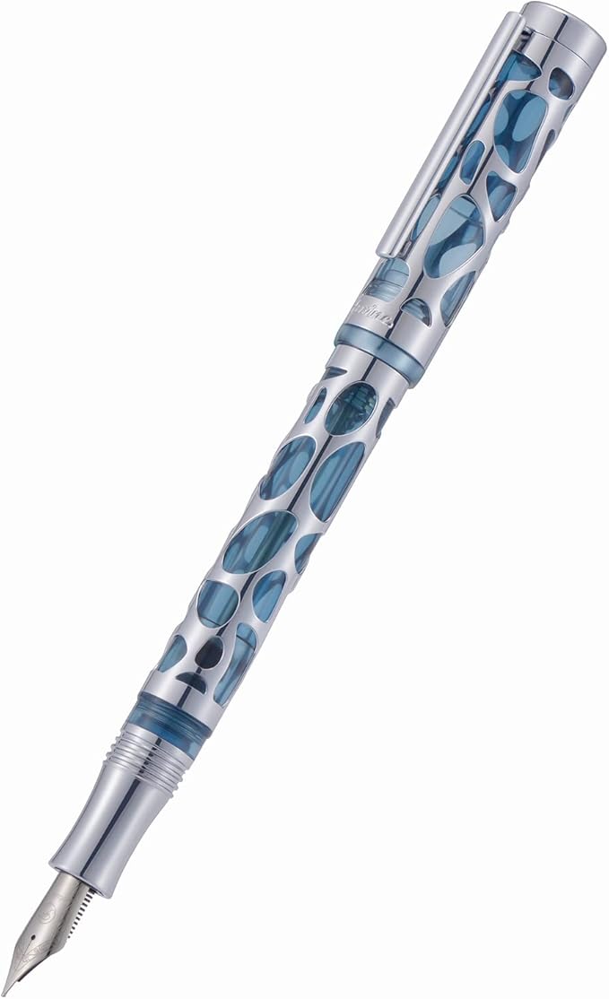 Asvine V169 Vacuum Filling Fountain Pen Medium Nib, Water Drop Skeleton Transparent Gray Blue Acrylic Pen Case Set