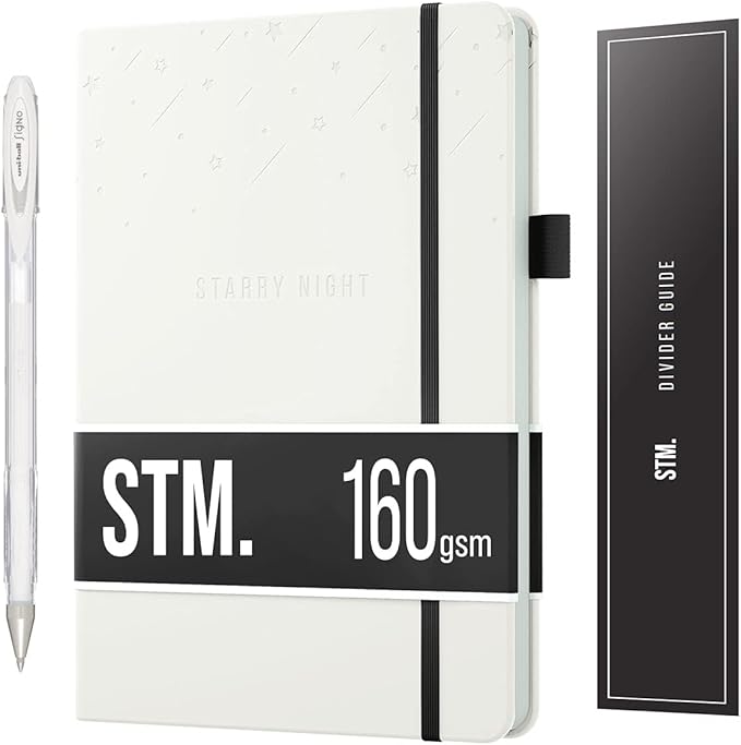 Black Paper Bullet Dotted Journal Notebook | A5 Starry Night by Scribbles That Matter | Free white gel pen | 160gsm Blackout no-bleed dot grid paper | For Men and Women | 5.75 x 8.5 in | White