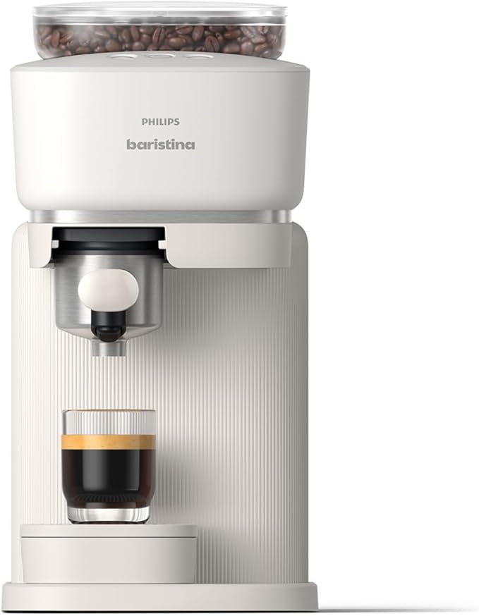 Philips Baristina Espresso Machine, Grind, Tamp & Brew Coffee Beans in One Swipe, Compact, 16 Bar Pump Pressure, Automatic Grinder, Natural White with White Portafilter (BAR300/00)
