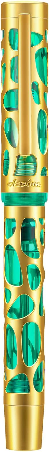 Asvine V169 Vacuum Filling Fountain Pen Iridium Medium Nib, Water Drop Skeleton Gold Trim Transparent Green Acrylic Pen Case Set