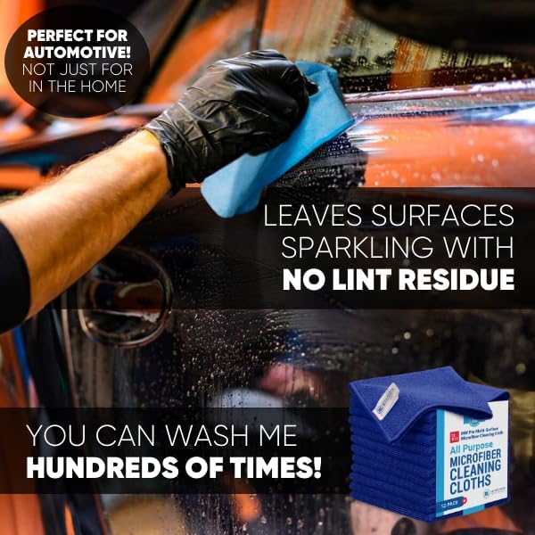 12" x 12" MW Pro Multi-Surface Microfiber Cleaning Cloths | Dark Blue - 12 Pack | Premium Microfiber Towels for Cleaning Glass, Kitchens, Bathrooms, Automotive, Supplies & Products