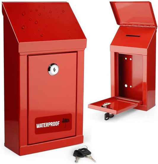 Metal Donation Box-Suggestion Box with Slot and lock-Cash Lock box for Money-Drop Box-outdoor waterproof mailbox and ballot box-comes with pre-drilled holes for easy wall mounting 10 X 6 X 2.5"(Red)