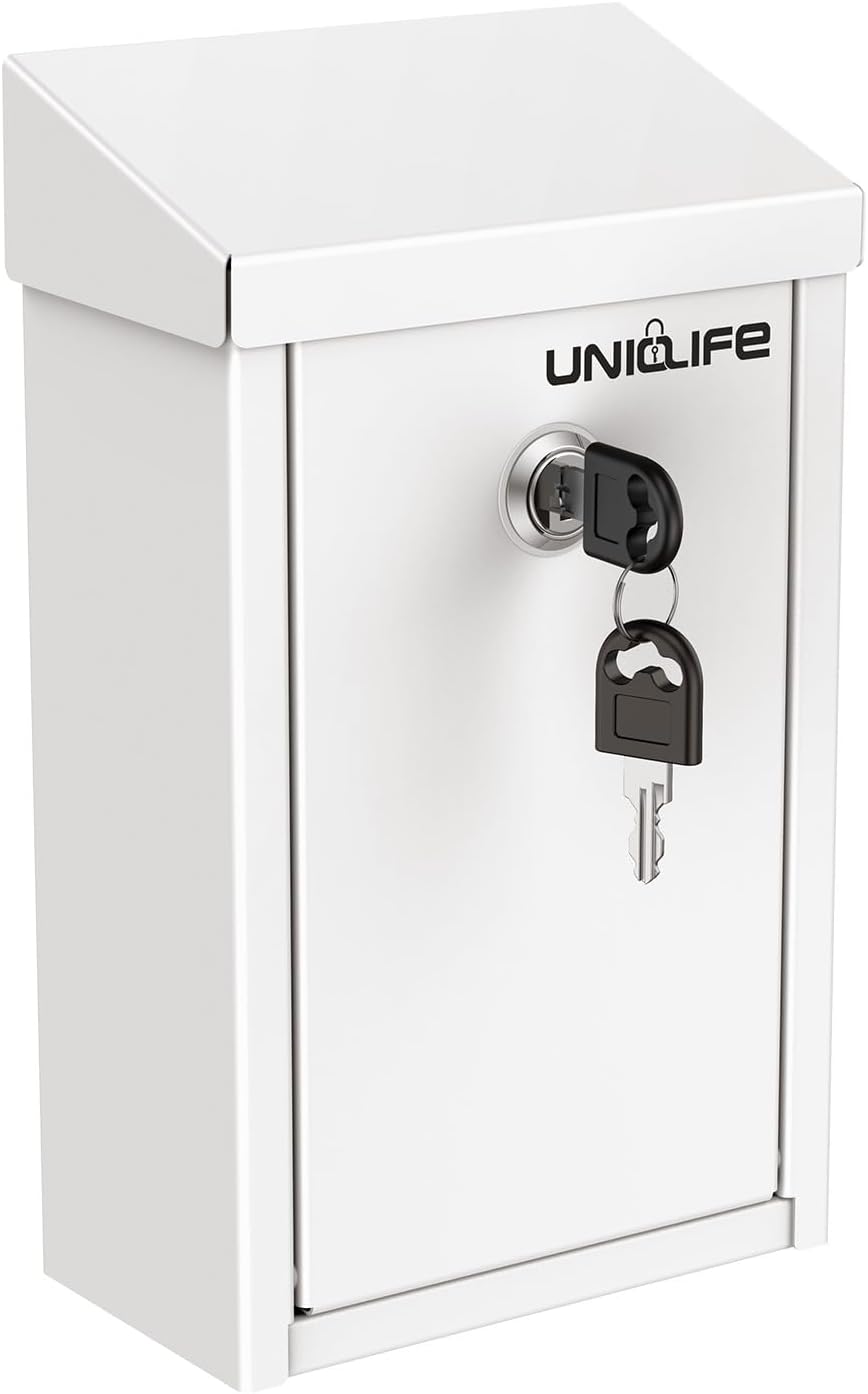 Uniclife Key Drop Box for Outside, White Metal Donation Box Collection Box with Key Lock, Safe Suggestion Box, Wall Mounted Mailbox with Top Slot, Steel Cash Drop Box for Home Office and Business