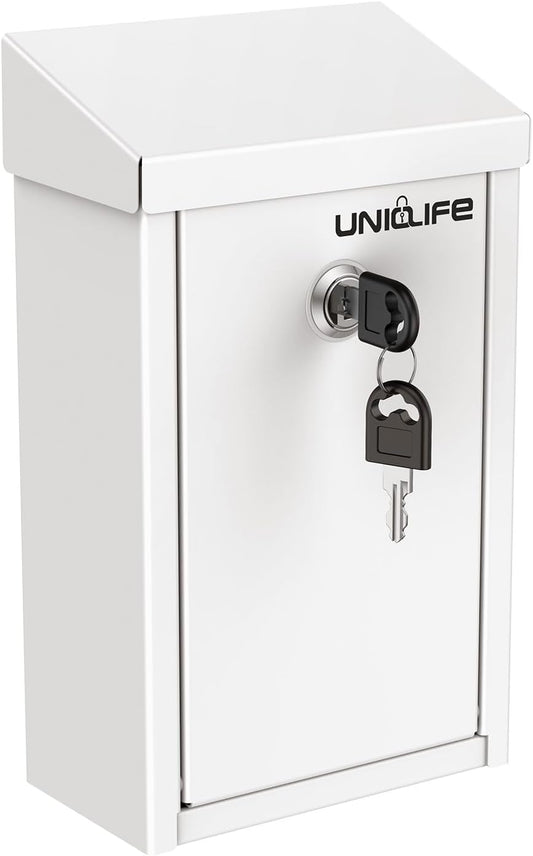 Uniclife Key Drop Box for Outside, White Metal Donation Box Collection Box with Key Lock, Safe Suggestion Box, Wall Mounted Mailbox with Top Slot, Steel Cash Drop Box for Home Office and Business