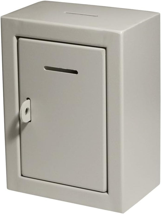 Metal Charity Collection Box Secure with Slot & Wall Mount - 8.5x6.5x4" Drop Box for Home and Office (White)