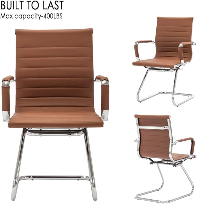 Office Desk Chair No Wheels Set of 4 PU Leather Computer Chairs Mid Back Guest Chairs for School Reception Conference Waiting Room, Cafe