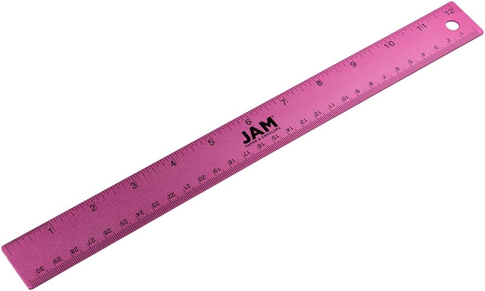 JAM PAPER Strong Aluminum Ruler - 12 Inch - Metal Ruler with Non-Skid Cork Backing - Fuchsia Metallic - Sold Individually