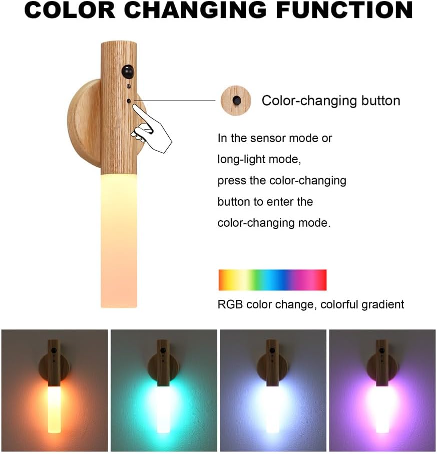 LANDGOO Motion Sensor Night Light RGB & Touch Control | USB-C Rechargeable Ash Wood Wall Sconce | Bathroom/Bedroom Light for Hallway, Stairs, Nursery, Closet, Vanity, Party