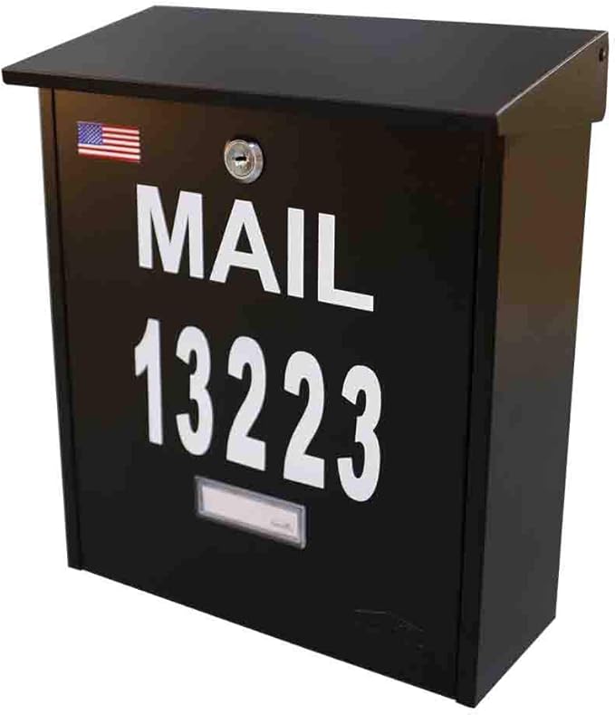 Wall Mount Locking Mailbox - Black Large Capacity Security House Numbers Mailbox - Waterproof Stainless Steel Vertical Drop Mail Box Outdoor with Keys