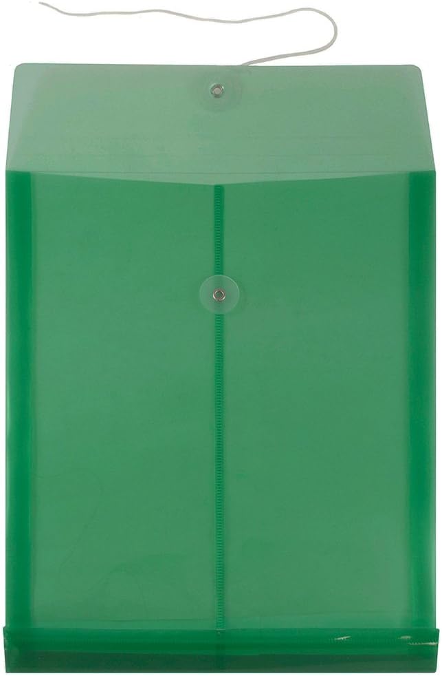 JAM PAPER Plastic Envelopes with Button & String Tie Closure - Letter Open End - 9 3/4 x 11 3/4 - Green - 12/Pack