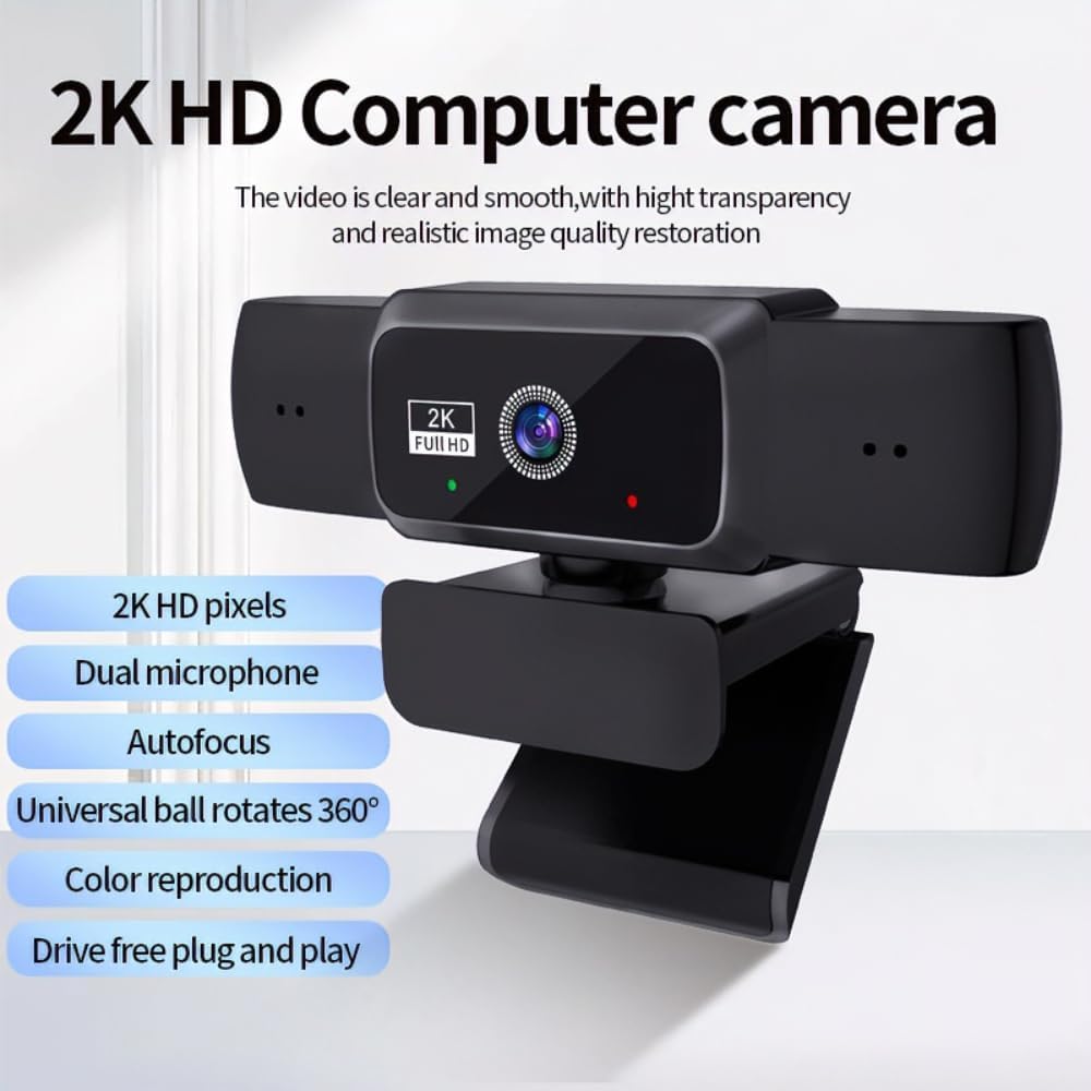 Hprosper 2K/5M Webcam with PC/Laptop/Mac, Computer Camera with Low-Light Correction/Beauty, AI Noise-Canceling Microphone, Adjustable Field of View, Built-in Privacy Shutter, Ideal for Meetings