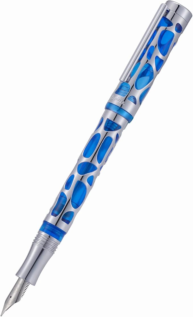 Asvine V169 Vacuum Filling Fountain Pen Medium Nib, Water Drop Skeleton Transparent Blue Acrylic Pen Case Set